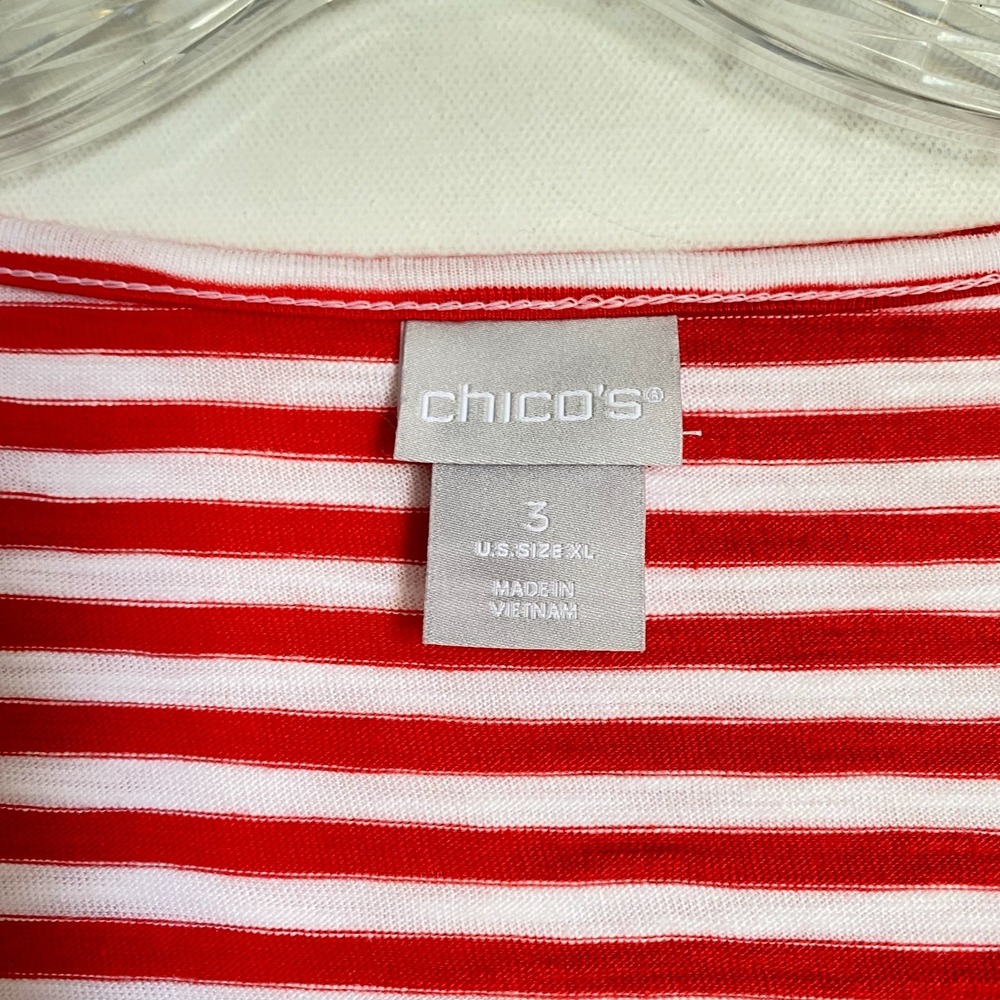 Chicos Tunic Top XL Red Striped Round Neck Long Sleeve Beaded Love Coastal - Picture 6 of 9